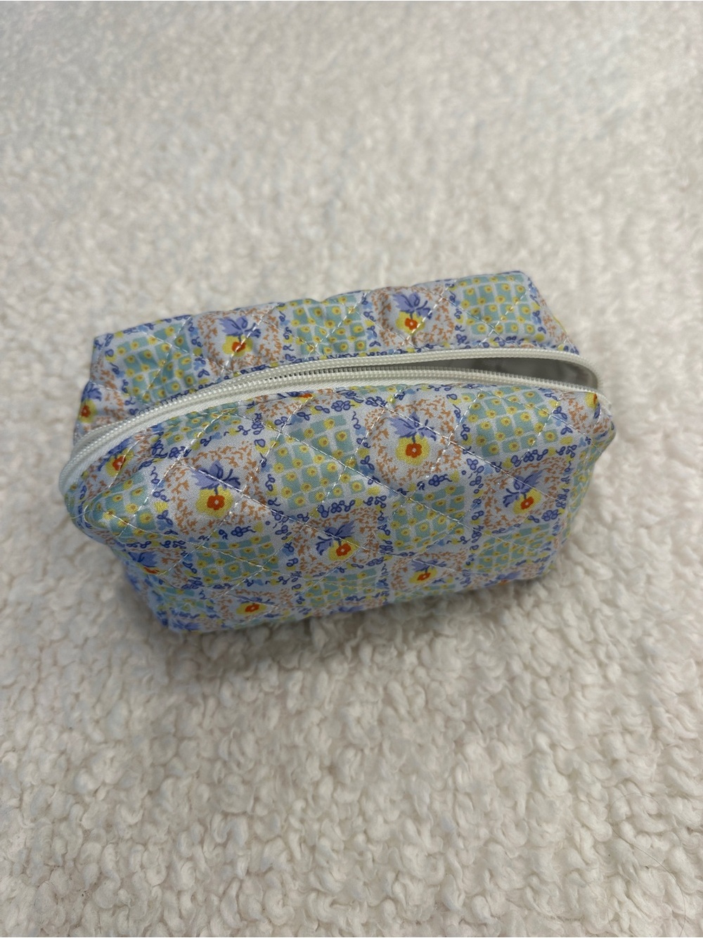 Quilted Floral Cosmetic Pouch in Light Blue and Yellow